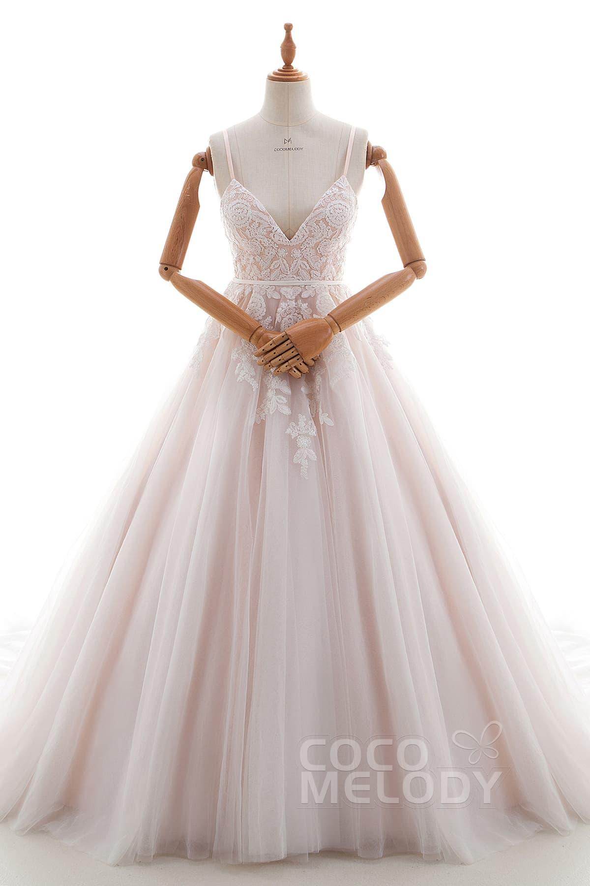 A-Line Chapel Train Lace and Tulle Wedding Dress LD4515 - COCOMELODY